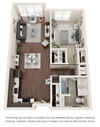 One bedroom, one bath three-dimensional floor plan layout. Kitchen and living to the left. Bathroom and bedroom to the right.